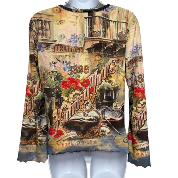 One World Womens Vintage Top French Floral Bell Sleeve Notch Neck Ruffles Medium - Picture 2 of 10